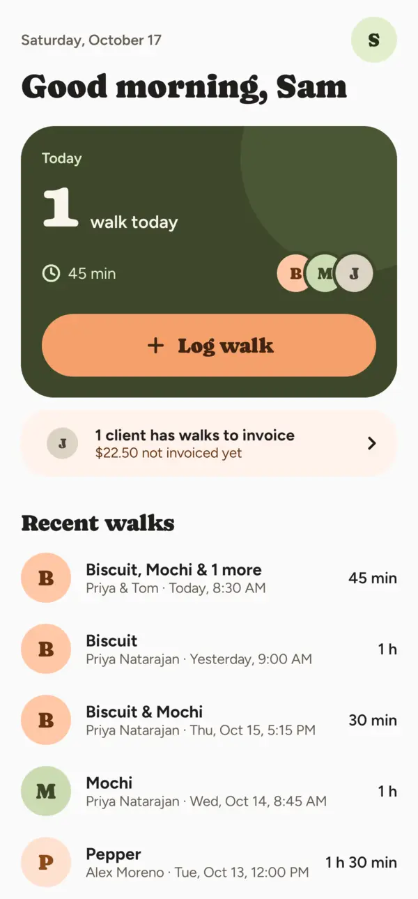 The Wagwalk home screen: today’s walks, a Log walk button, and recent walks for Biscuit, Mochi and Pepper.