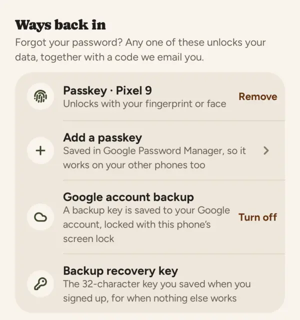 Wagwalk’s “Ways back in” settings: a passkey, Google account backup, and a backup recovery key.